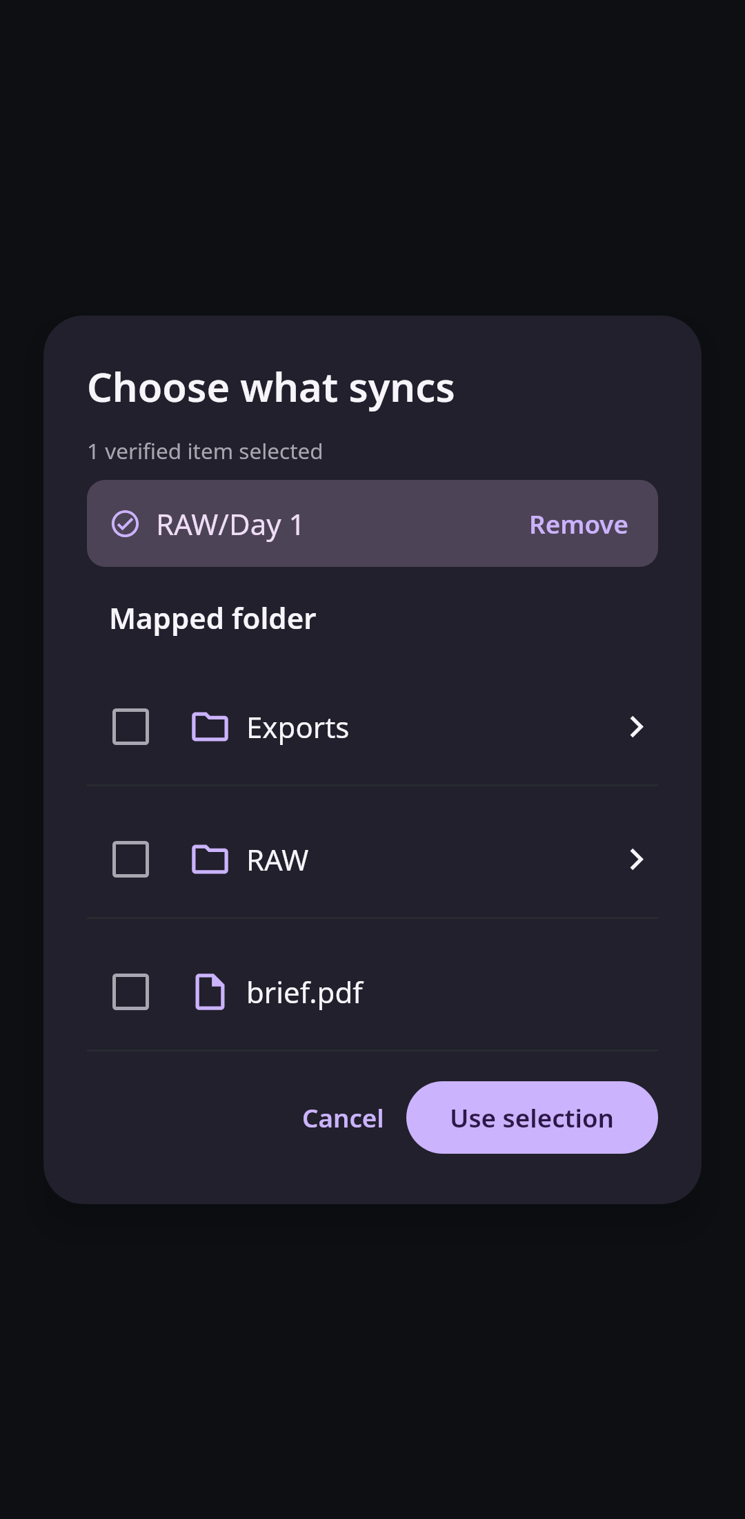 File sync Selective sync browser: Verified folders and files