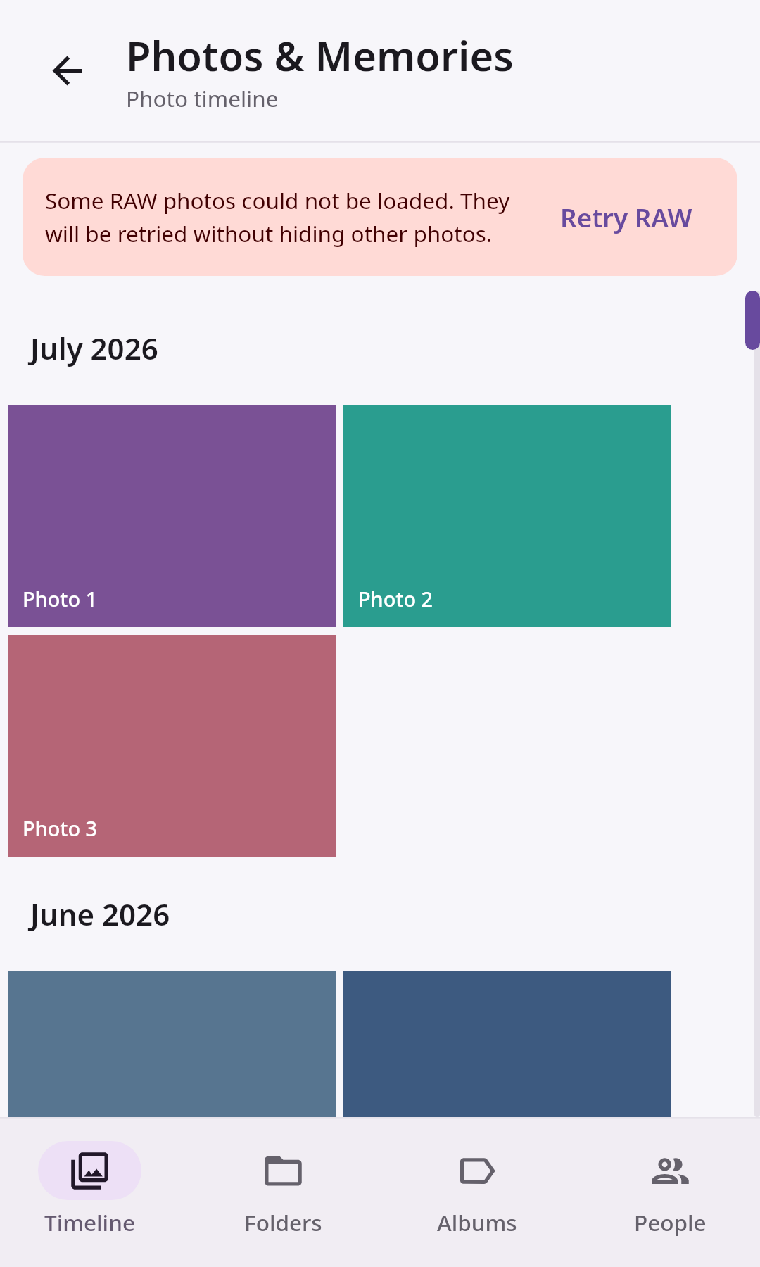 Photos Photo timeline: Ordinary photos with a RAW retry pending