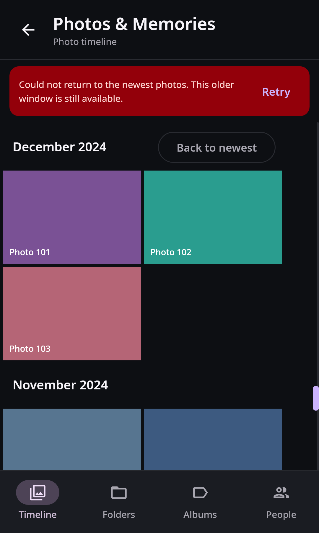 Photos Photo timeline: Older window with failed return to newest