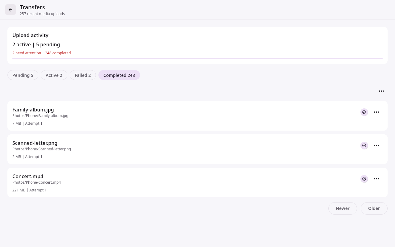 Files Transfer center: Completed transfer history